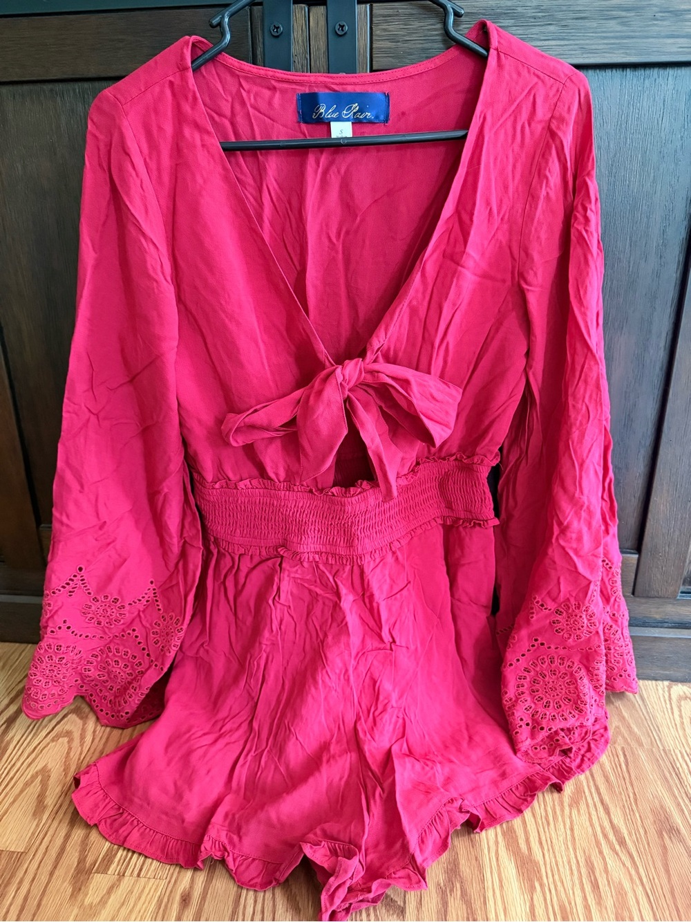 Blue Rain Red Tie-Front Eyelet Romper